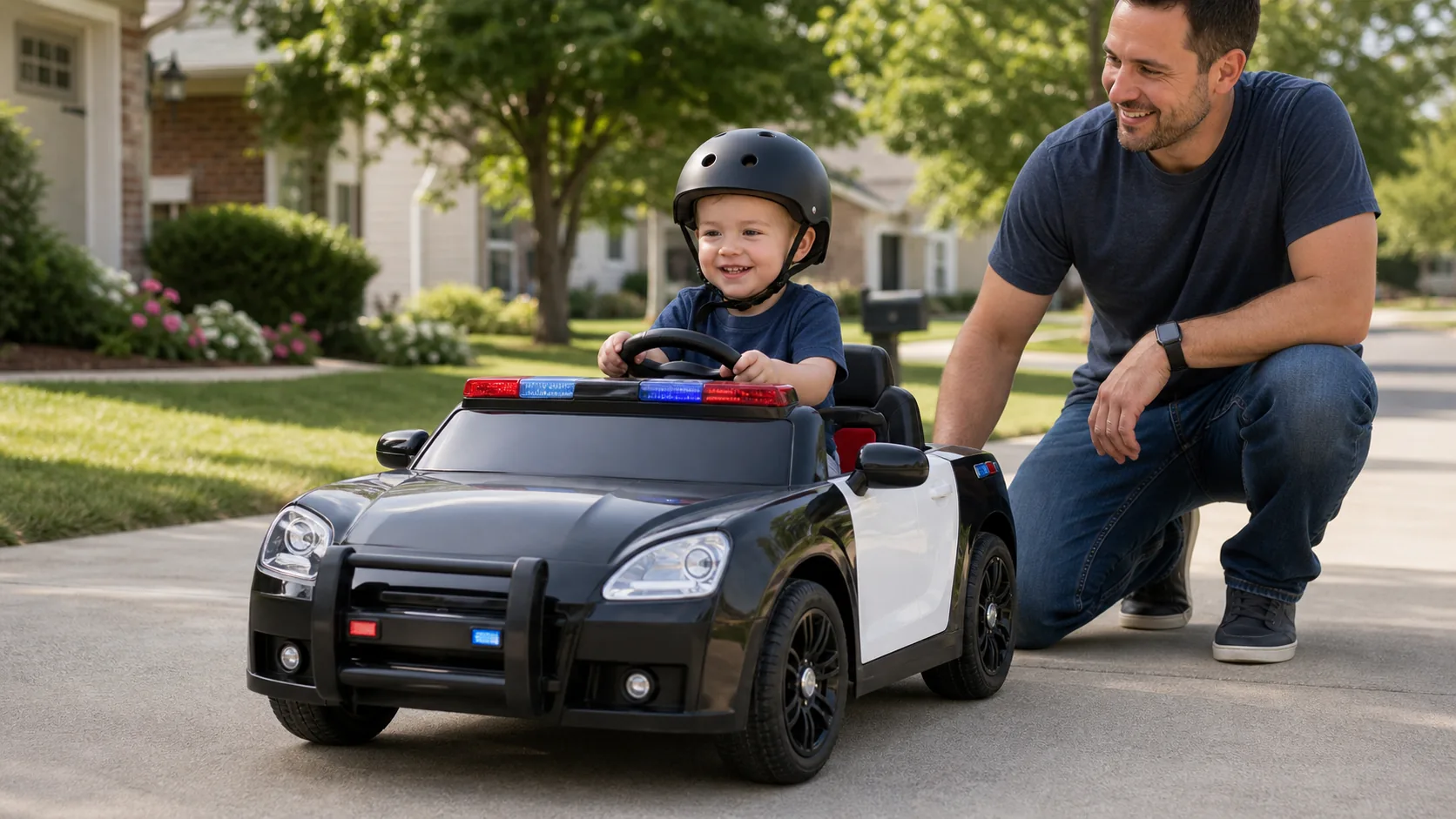 Editorial image representing Best Choice Products Kids Police Car in use