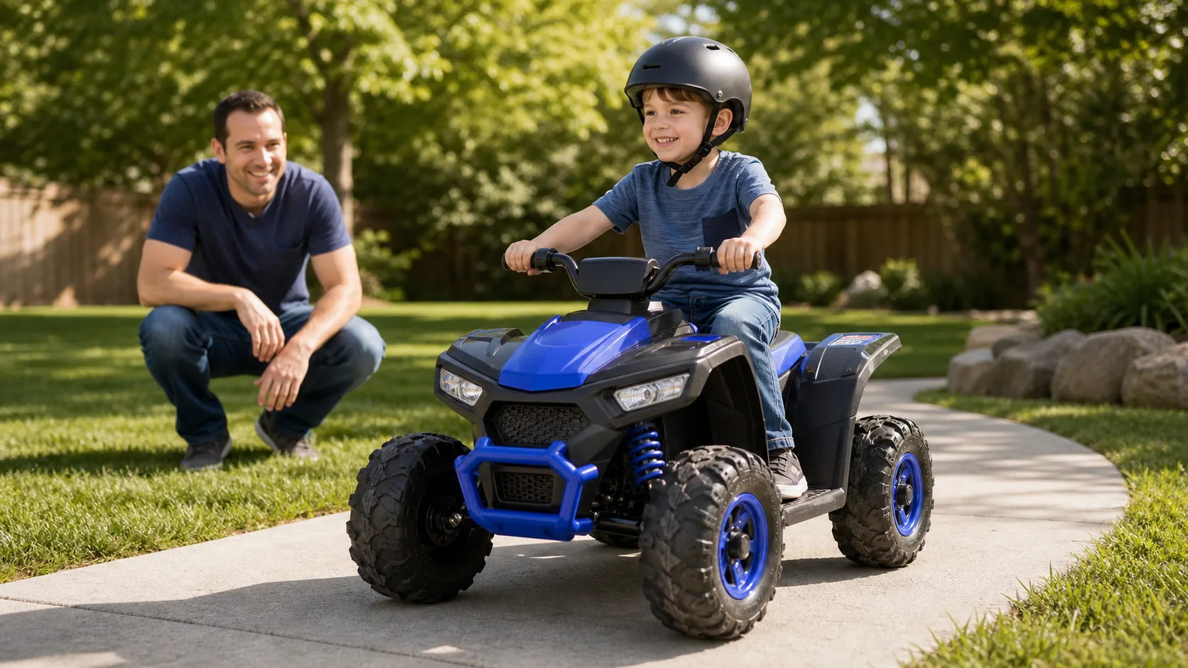 Editorial image representing Kid Trax Moto Trax ATV in use