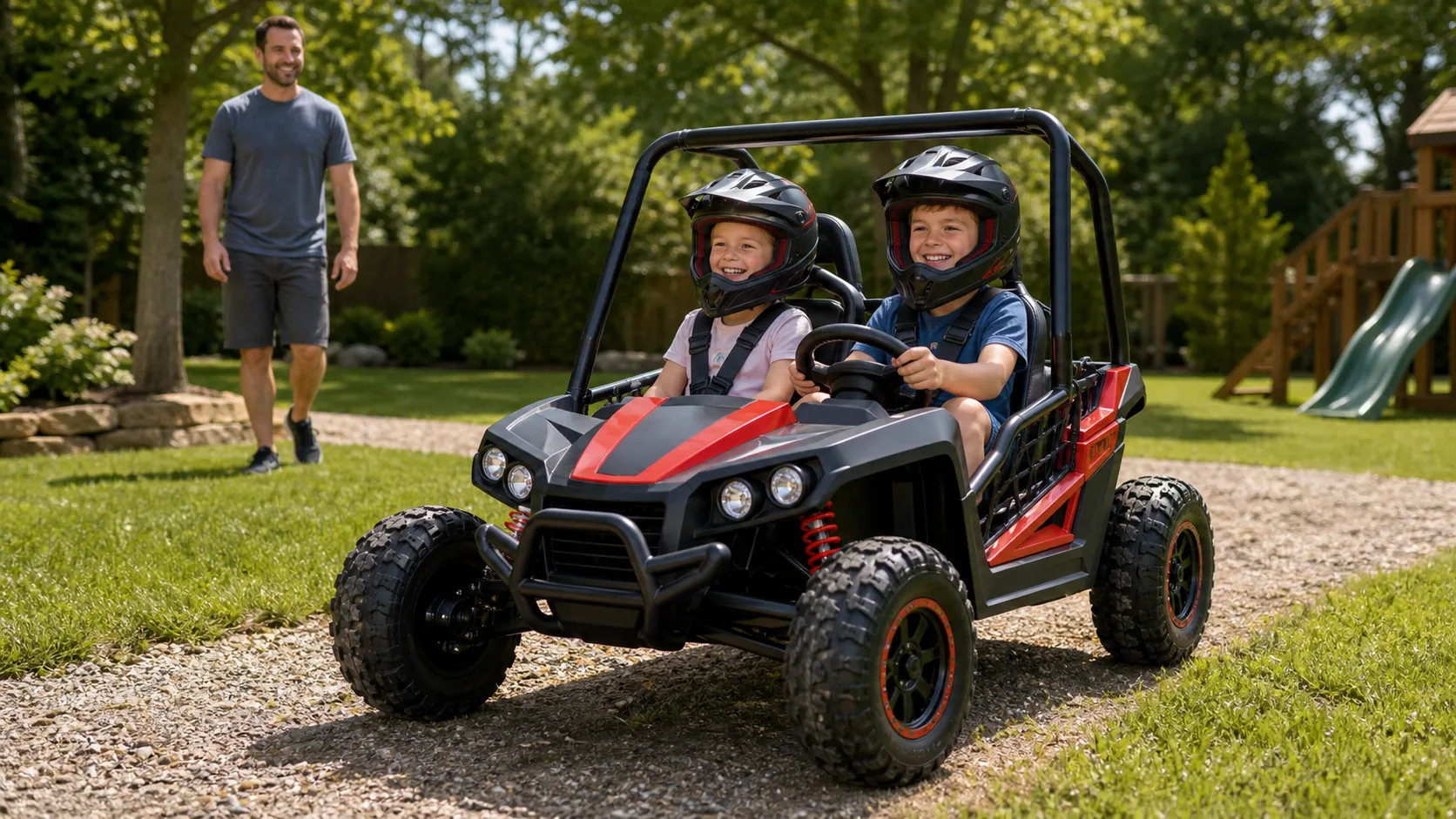 Editorial image representing Power Wheels Dune Racer Extreme in use